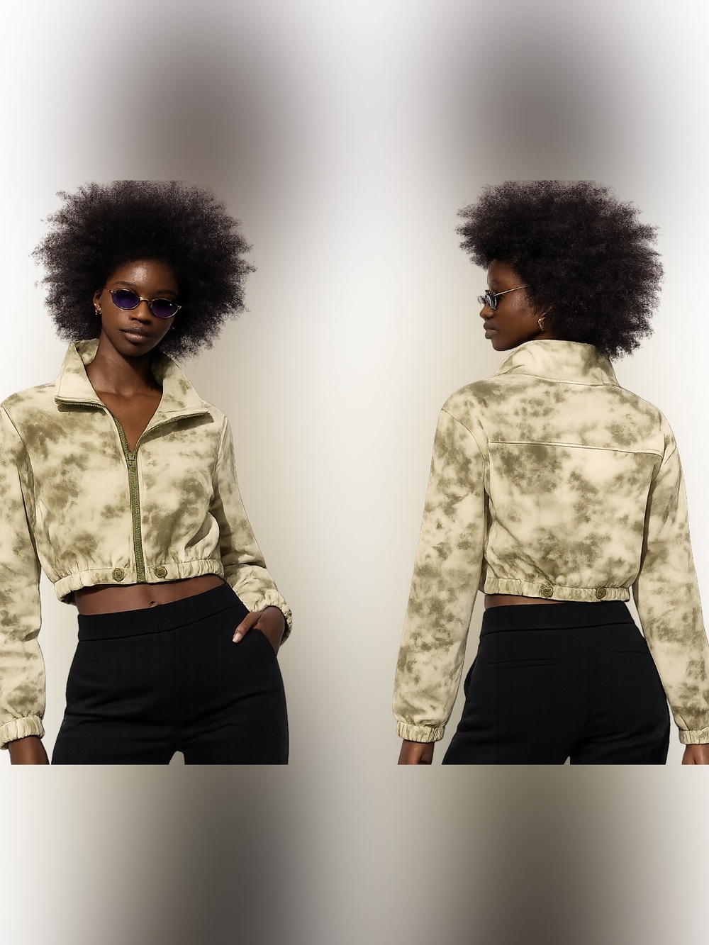 Zara Cropped Tie-Dye Bomber Jacket in Olive Green